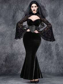 Women's Gothic Elegant Gorgeous Romantic Vintage Halloween Witch Sleeves Cosplay Rose Lace Stitching Velvet V-Neck Fishtail Party Dress - Black - View 2