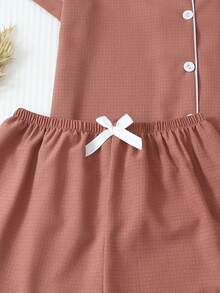 2pcs Women's Solid Color Summer Trim Contrast Collar Pocket Heart Graphic Short Sleeve Button Top And Bow Shorts Pajama Loungewear Set, Suitable For Home Use - Hot Pink - View 6