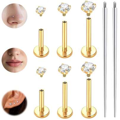 9Pcs Flat Back Lip Rings Externally Threaded Earrings Studs Nose Rings 16G Round Cubic Zirconia Tragus Cartilage Lobe Rook Helix Conch Labret Medusa Piercing Jewelry Set For Women Men