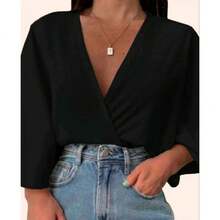 Women's Wrap V-Neck Cropped Blouse Isa - 黑色 - 查看 2