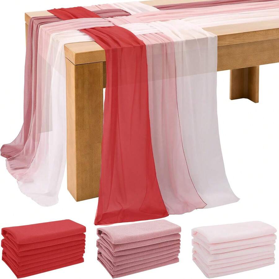 3pcs Chiffon Table Runner 30*300cm Transparent Romantic Table Cloth, Suitable For Sweetheart Table, Birthday, Wedding Party, Bridal Shower (Pink, Red, White) - Multicolor - View 1