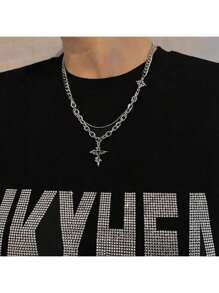 男士时尚双层十字架项链，可搭配毛衣和短袖，适合男士和年轻人佩戴，是送给男朋友和朋友的理想礼物。 - 銀色 - 查看 2