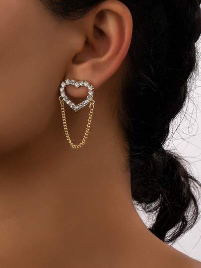1 Pair Heart Shaped Crystal Chain Stud Earrings