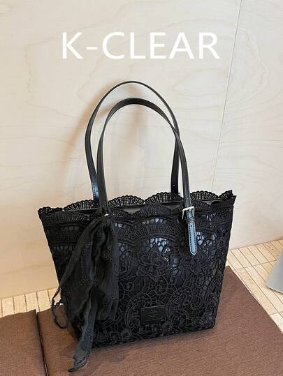 Women Lace Tote Vintage Solid Bag Black Handbag With Cotton Lace Fabric,Simple Solid Color Large Capacity Commuter Suitable For Daily Use Or Travel