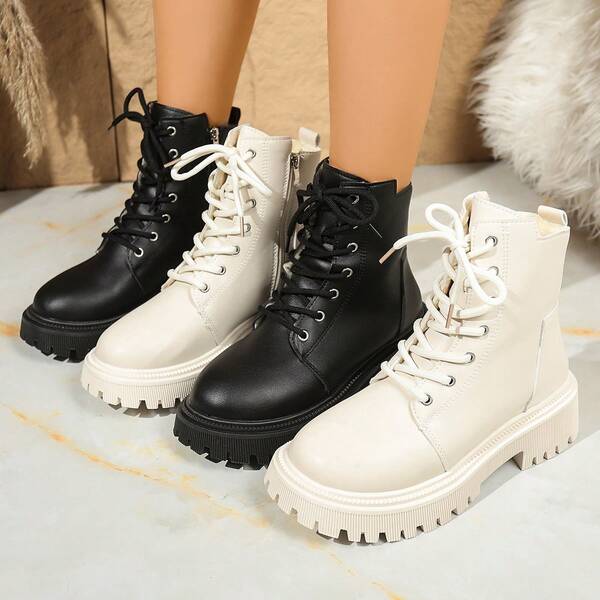 Women's White Thick Sole Boots, British Style Short Boots With Warm Lining For Autumn/Winter