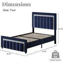 Twin/ Full/ Queen/ King Bed Frame With Headboard And Footboard, Velvet Upholstered Platform Bed Frame With Diamond Design, No Box Spring Needed, Easy Assembly, Black/ White/ Pink/ Blue/ Green, Twin/ Full/ Queen/ King - 藍色 - 查看 7