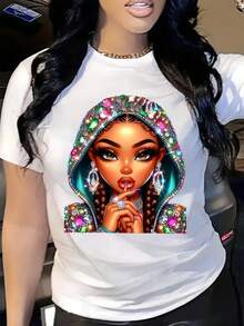 New Spring And Summer Collection Featuring A Sparkling Girl Design With Faux Rhinestone Hat Patterns, Along With A Women'S Printed Short-Sleeve Casual T-Shirt, Perfect For Gifting To Friends In The Spring And Summer. - Black - View 1
