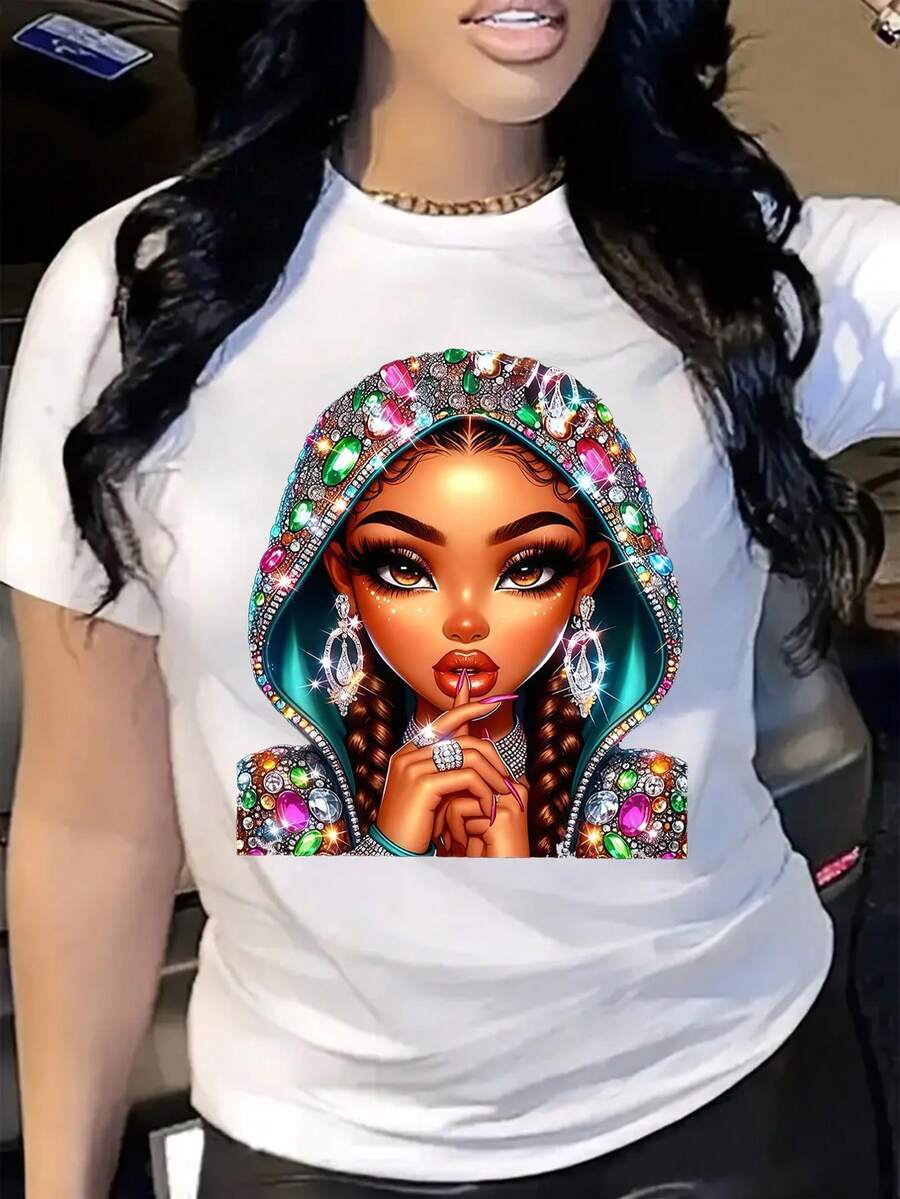 New Spring And Summer Collection Featuring A Sparkling Girl Design With Faux Rhinestone Hat Patterns, Along With A Women'S Printed Short-Sleeve Casual T-Shirt, Perfect For Gifting To Friends In The Spring And Summer. - Black - View 1