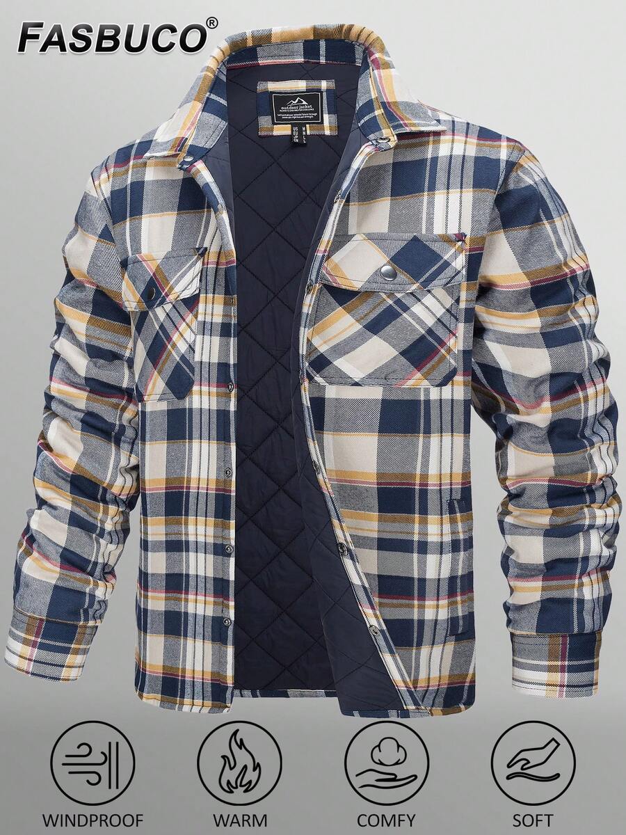 Men's Flannel Shirt Jacket Winter Warm Fleece Lined Plaid Coat Button Down Shirt With Pockets - Màu vàng - Xem 1