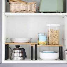 SONGMICS Cabinet Organizer Shelf, Set Of 4 Kitchen Counter Shelves, Kitchen Storage, Spice Rack, Stackable, Expandable, Metal And Engineered Wood - 墨黑色+自然米色 - 查看 6