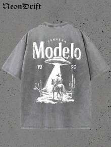 Y2K, Cool,UFO,Outdoor Sport,Modern Streets,Fashionable Pure Cotton Vintage Washed Men's T-Shirt, A Surprise Gift For Family And Friends, With Drooping Shoulder Sleeves And Round Neck,High-Quality Batik Cotton Retro Fashion Brand T-Shirt,A Certain Thickness Suitable For Summer T-Shirts, Holiday Gifts. - 灰色 - 查看 3