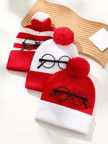 1pc Autumn/Winter Simple Color Block Knit Beanie Hat, Unisex Casual Versatile Christmas Knit Hat With Decorative Glasses