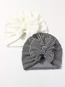 2pcs Striped Bow Baby Hat, Suitable For Daily Use, Fits 0-2 Years Old - Multicolor - View 4
