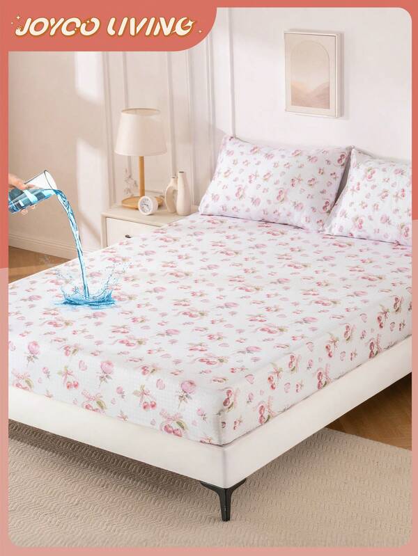 1 pieza Sábana ajustable impresa digitalmente a prueba de agua, ropa de cama, protector de colchón, cubierta de cama, sábana, decoración de otoño, patrón de lazo rosa, ideal para niñas, textil para el hogar acogedor, protector de colchón transpirable y antipelusas, suave y amigable con la piel, cubierta de cama con patrón de dibujos animados