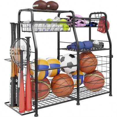 Garage Sports Equipment Organizer Ball Storage Rack With Elastic Rope Or Wire MeshGarage Organizer System With Wheels Indoor Outdoor Sports Rack For Sports Gear And Toys Storage Black
