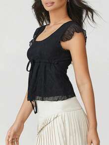 Women's Summer Slim Cropped Tops Flying Sleeve Square-Neck Tie Bow Front Jacquard T-Shirt - màu đen - Xem 4