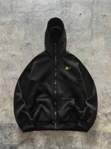 男士针织休闲宽松长袖连帽运动衫，学校 - 黑色 - 查看 1