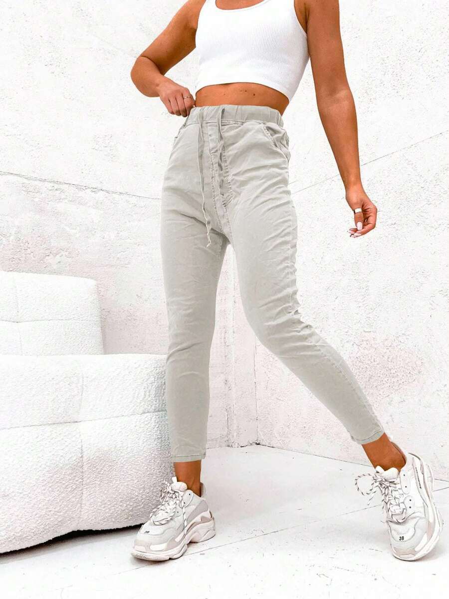 Women's High Stretch Pants, Loose Drawstring Pants, Soft Harem Pants, Comfortable Vacation Wear Suitable For Summer, Winter, Spring And Autumn - Light Grey - View 1