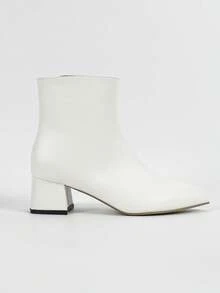 1 Pair Women's Basic Solid Color Fashion Commuter Utility Style Side Zipper Short Boots, Ankle Boots, Mid-Calf Boots, Riding Boots, Motorcycle Boots, Office Thick Heel Pointed Toe Shoes, Autumn/Winter - White - View 5