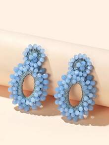 Beaded Round Drop Earrings - Blue - View 9
