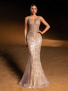 Faeriesty Haute Glamour Luxury Sleeveless Mermaid Sparkly Evening Gown With Deep V-Neck – Dense Shimmering Sequin & Bead Embroidery, Flowing Fish-Tail Skirt For Red-Carpet Luxury Weddings, Brand Galas & Formal Dinners For Women New Year