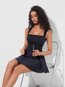 Women's Sleeveless High Stretch Square Neck Y2k Athletic Mini Dress - Black - View 3