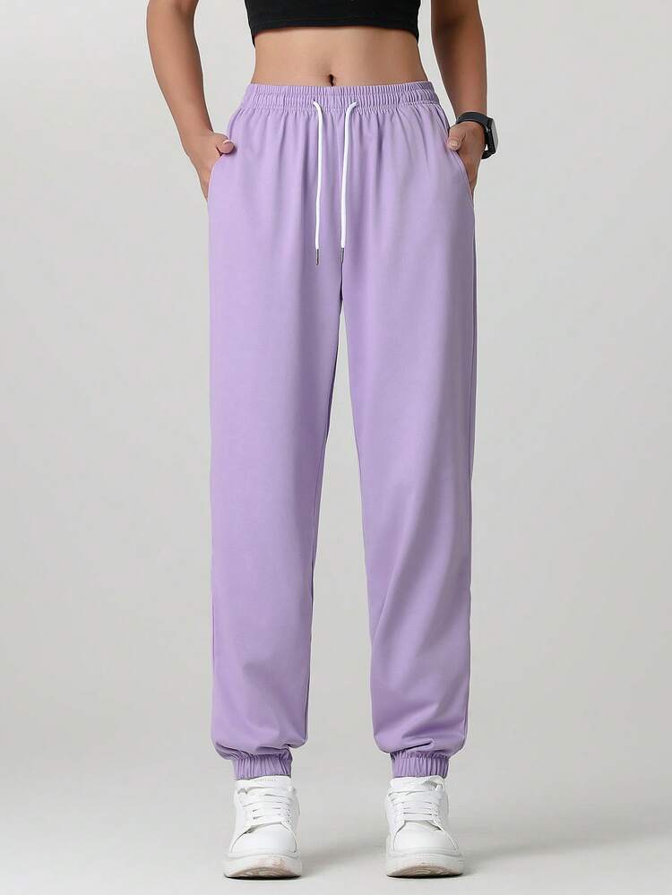 Women'S Outdoor Casual Running Pants - Elastic Waistband Pockets Sports Trousers, Lightweight All-Season Pants, Women'S Athletic Long Pants, Suitable For Gym, Machine Washable, Solid Color Design, Comfortable Fit, Y-Shape Style, Stretchy Waist, Ideal For Outdoor Hiking & Sports Enthusiasts Tights Spring - Purple - View 3