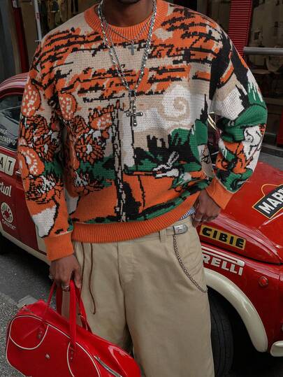 男女皆宜的休闲宽松圆领套头毛衣，饰有趣味卡通、抽象、梵高风格的图案，适合秋冬季穿着。