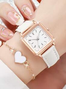 4pcs/Set Women's Fashion Casual Square Numeral Dial Quartz Watch Combo + Heart Bracelet Set (Watch Box Not Included) - Black and White - View 4