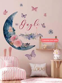 1 件个性化名字定制蝴蝶女孩墙贴，月亮仙子墙贴，粉色花卉墙饰彩色蝴蝶，女孩墙壁艺术，育儿礼物生日毕业，图形印刷