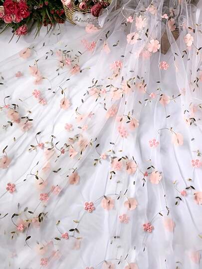 3D Embroidered Floral Tulle Fabric, Tulle Chiffon Beaded Bridal Veil Tablecloth, For DIY Dress Making And Crafts Making, Wedding Gowns, Curtains, Tablecloths, And Handbags, Decor Wedding Table Cloths