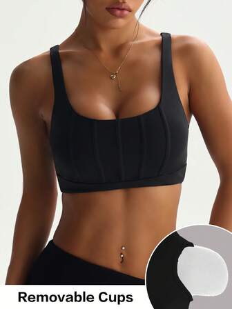 女式黑色可拆卸加垫圆领运动文胸，有弹性，夏季