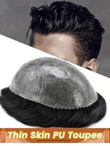 PU 男士黑色商务发型假发超薄皮肤头发替换系统自然隐形假发浅米色自然直发 - Natural Black - 查看 1