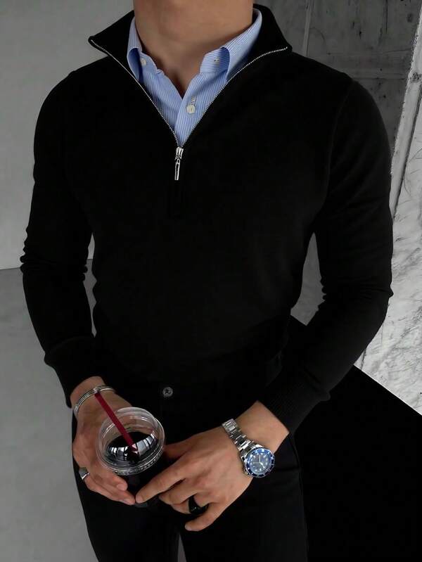 Pulover casual pentru bărbați, cu mânecă lungă și fermoar pe jumătate, versatil pentru purtare zilnică