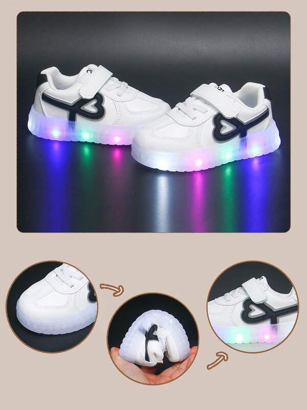1 Pair Cute Heart Design Colorful Glowing Kids Sneakers, 1 Pair Children White Shoes, 1 Pair Neutral Soft Bottom Shoes For Party & Play, 1 Pair Baby Boy PU Leather Comfortable Neutral Infant Shoes, 1 Pair Fashionable Versatile Outdoor Children Shoes, Insole Length 13-18.3cm
