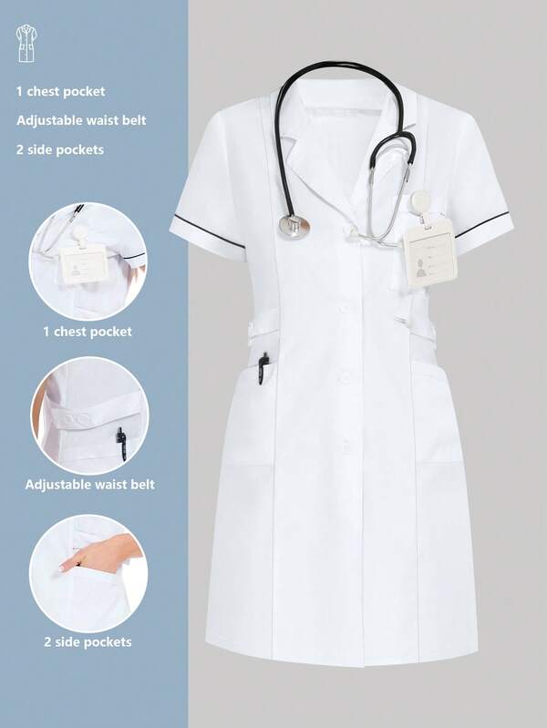 Women's Short Sleeve Turndown Collar Contrast Color Waist Adjustable Slimming Pocket Scrubs Nurse Uniform Set, Workwear For Dentist Healthcare, Pet Hospital, Laboratory