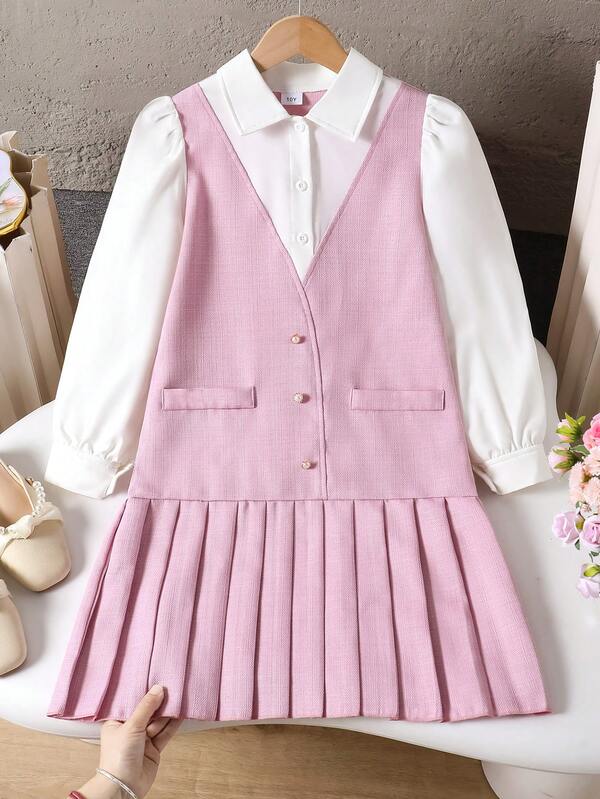 Robe style preppy 2 en 1 pour filles, robe chemise blanche avec gilet, tenue une pièce, robe tailleur pour filles convenant pour le port casual, jupe plissée à manches bouffantes