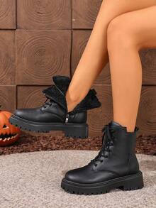 2026秋冬新款女鞋，保暖冬靴，时尚百搭休闲女鞋，真皮踝靴，黑白系带侧拉链踝靴，平底女靴，女士踝靴，时尚女靴 - 黑色 - 查看 5