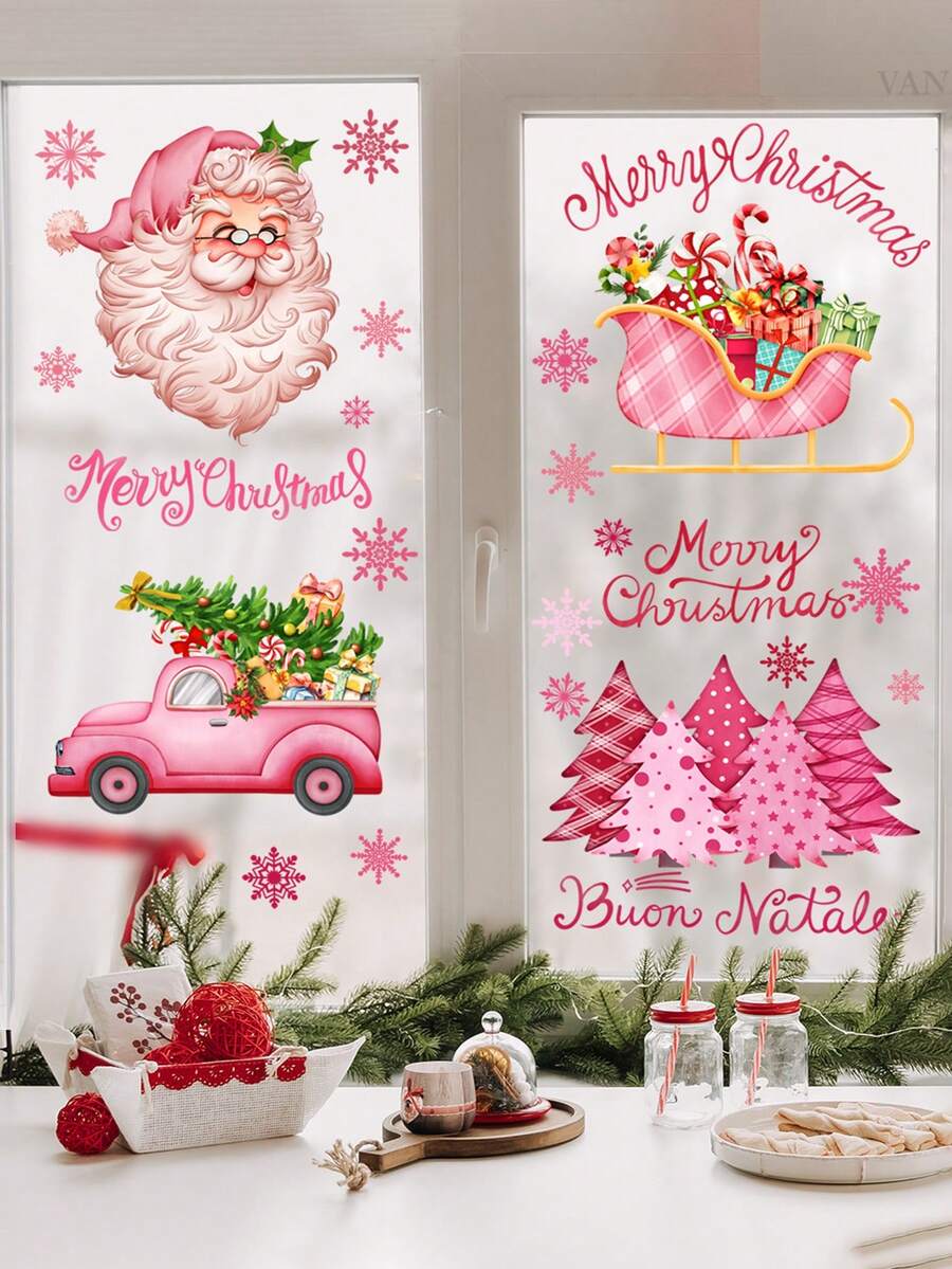1/2/3sets Christmas Wall Sticker, Christmas Pink Elements, Christmas Tree Snowflake Glass Window Sticker, Home Holiday Decoration Double-Sided Visible, Self-Adhesive And Detachable, No Electricity Required.Perfect And Christmas Gift For Lovers, Parents And Friends. Christmas Decorations Christmas Decoration Christmas Decorations Home Home Decor Room Decor