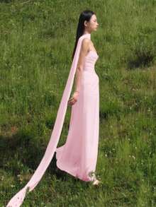 Bridal Satin Scarf Shawl Long Train High-End Korean Style Photography Shoulder Veil, White Solid Color Fall Clothes For Women - Pull down the Shawl - View 8