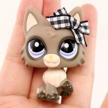 Minilpsshop Wolf Cat 1953 Grey Black Blue Dot Eyes With Bow Accessory