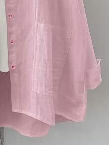 女式纯色宽松休闲长袖衬衫，带双口袋，春秋季，加大码女式衬衫，返校