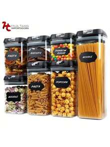 Super Calidad Almacenamiento Juego de 7 Recipientes Hérmeticos de Plástico Premium Libres de BPA para Almacenamiento de Alimentos, en 4 Tamaños con Tapas Faciles de Abrir, para Especias, Cereales y mas (Tapa Negra) - Transparente - Ver 1