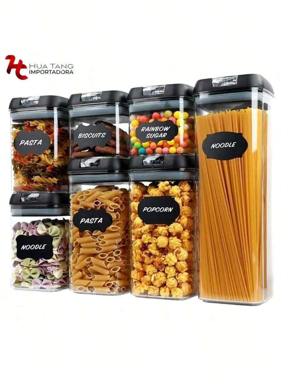 Super Calidad Almacenamiento Juego de 7 Recipientes Hérmeticos de Plástico Premium Libres de BPA para Almacenamiento de Alimentos, en 4 Tamaños con Tapas Faciles de Abrir, para Especias, Cereales y mas (Tapa Negra) - Transparente - Ver 1