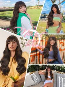 巧克力棕色机织假发 真人发质假发 带刘海 波浪卷发 易于安装 彩色 4# 假发 带刘海 180% 密度 适合女性日常使用 万圣节服装 - 棕色 - 查看 7