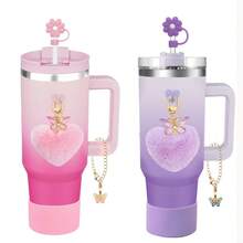 6 Stücke Silikon Becher Charm Set, geeignet für 30-40oz Becher mit Griffen, beinhaltet Strohdeckel, Strohkappe, Becherschutz, Herz Anhänger und Griff Charm Kette