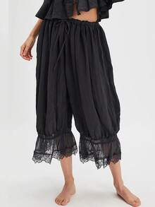 Women Lace Trim Long Bloomers Y2k Elastic Mid Rise Ruffle Victorian Pantaloons Cropped Flared Slips Pants Pumpkin Pants - Black - View 2