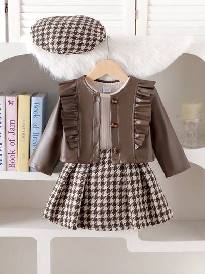 3 Stücke Baby Mädchen elegantes Collegejacke + Langarm-Top + karierter Rock Set, Herbst/Winter