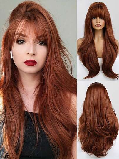 26 英寸红棕色姜假发是一款女士长直合成假发、耐热假发和万圣节假发