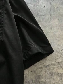 Men's Casual Loose Fit Short Sleeve Woven Black Shirt, Fashion Plain Urban Boxy Shirt, For Friends